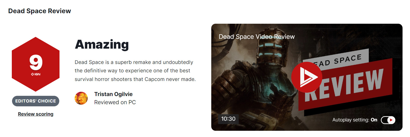 《死亡空间：重制版》评分解禁 IGN、空间GameSpot都是重制9分