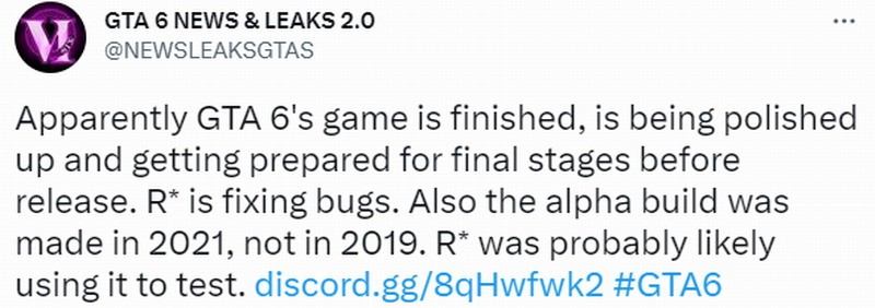网传《GTA6》已开支完成 R星正正在挨磨并建复Bug