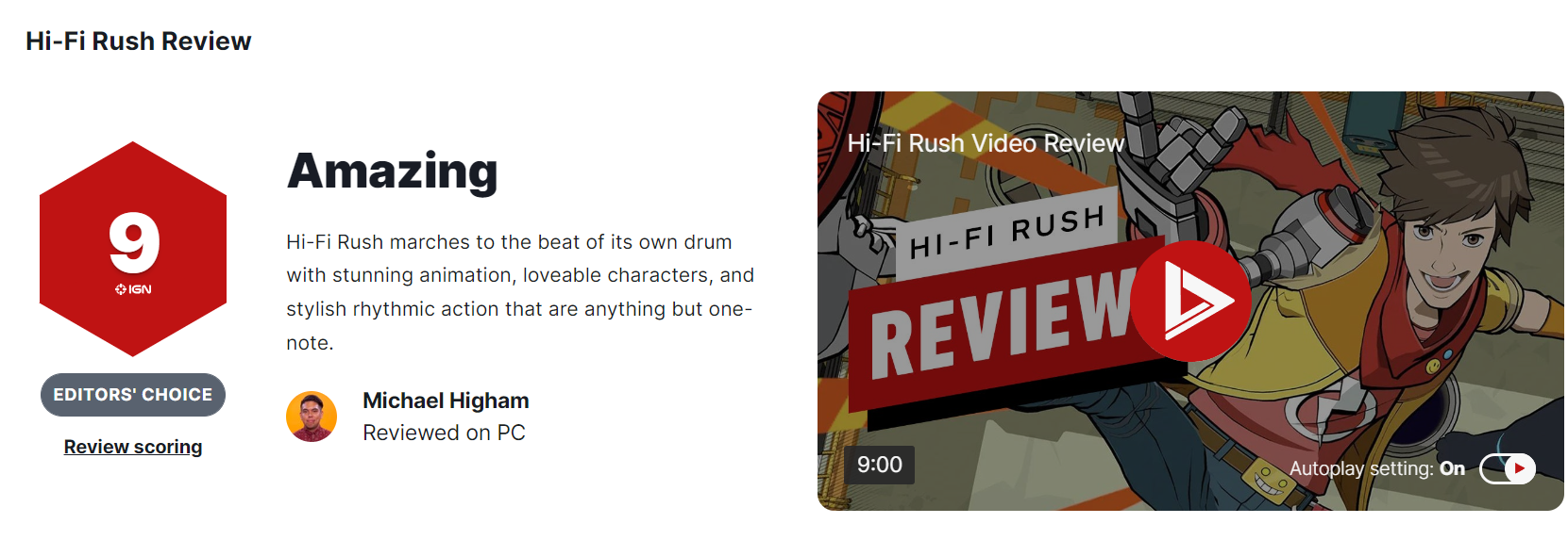 《Hi-Fi RUSH》IGN 9分：一款伟大的音游
