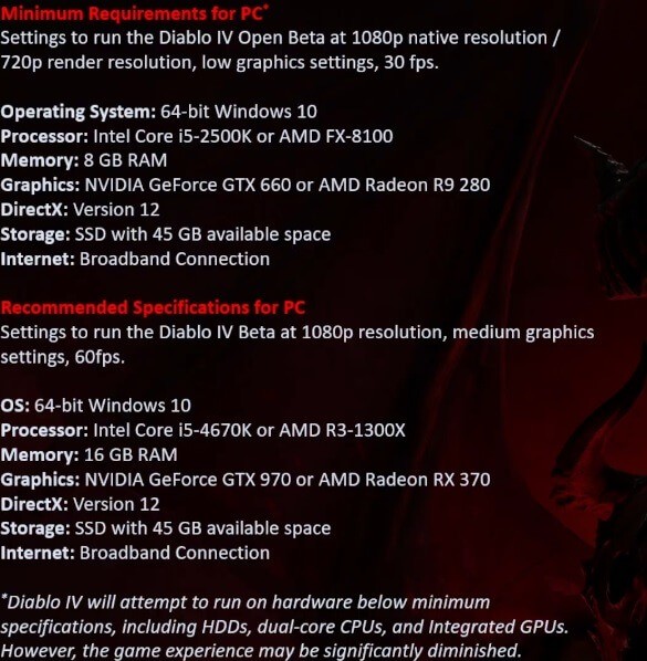 《暗黑破坏神4》公开测试官方PC系统要求公布