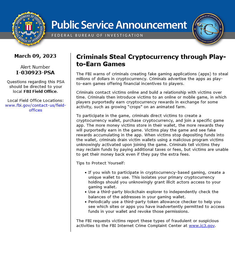 FBI警告：小心虚假游戏应用盗取加密货币