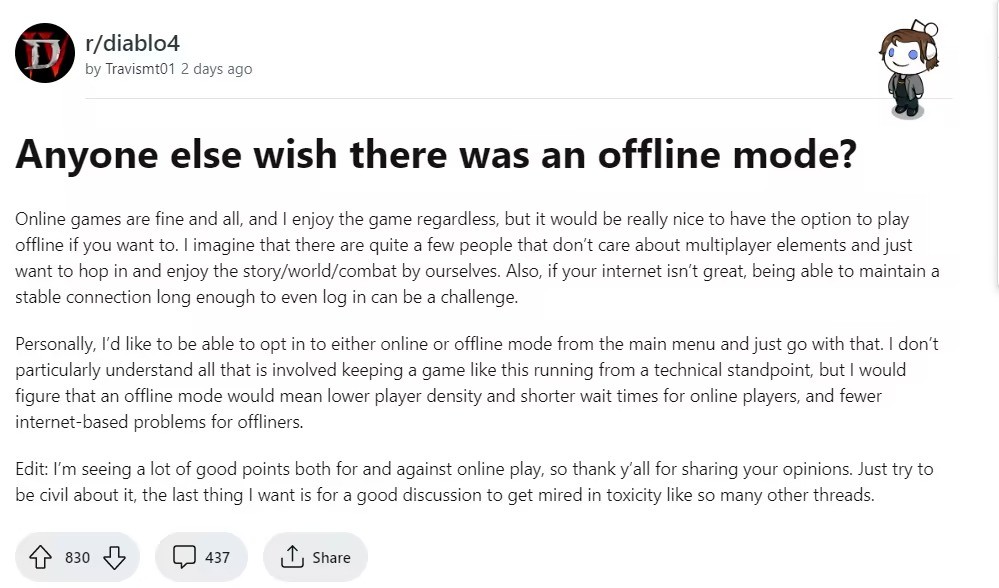 《暗黑破坏神4》玩家希望有离线模式：不想排队和掉线