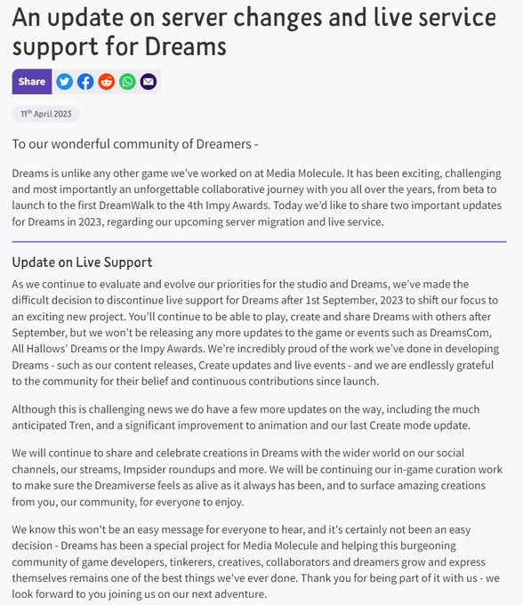 PS独占创造平台《Dreams》将于9月1日停止未来支持