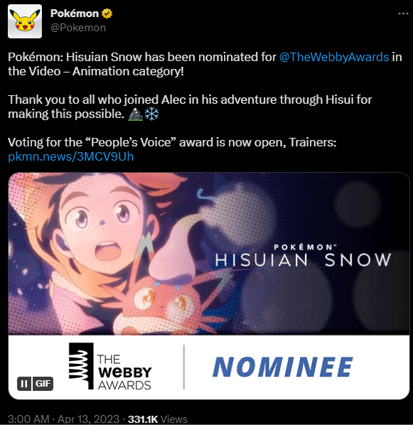 《宝可梦传说》原创动画 获得互联网奥斯卡之称威比奖题名