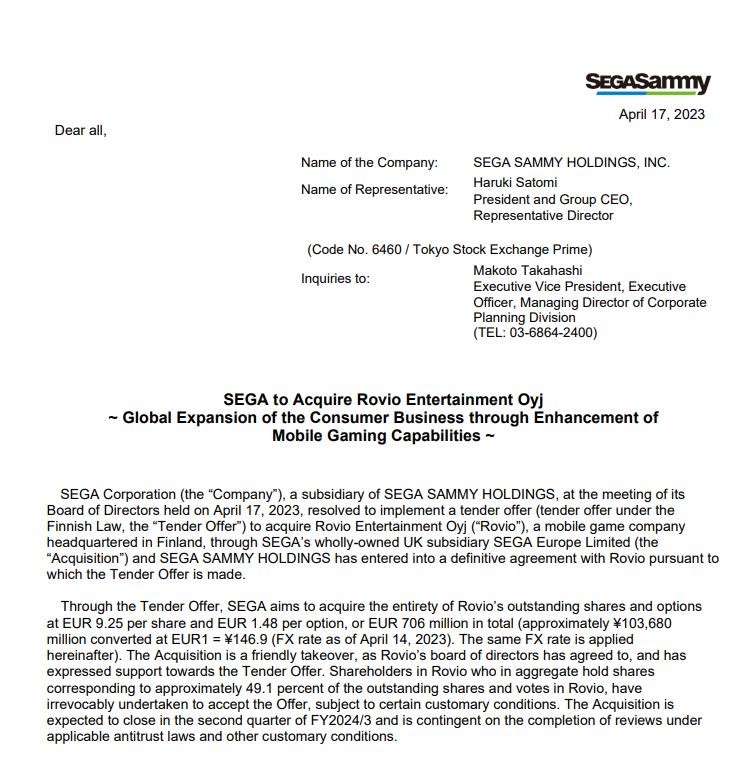 世嘉正式宣布以7.762亿美元收购《愤怒的小鸟》开发商Rovio 二次世界 第2张