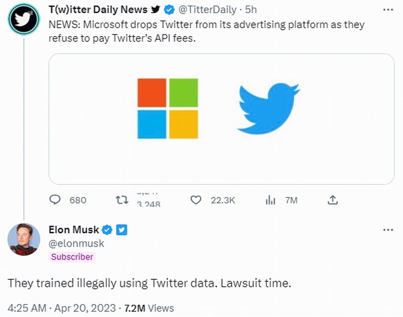 马斯克威胁要起诉微软：非法使用推特数据进行AI训练