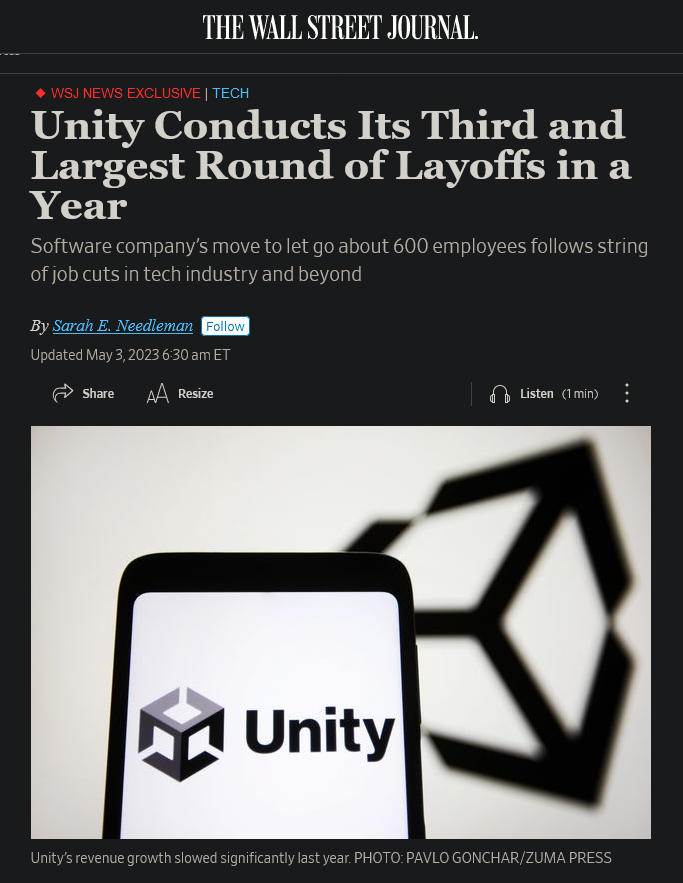 引擎开发商Unity大幅缩减：再次裁员600人 关闭一半办事处
