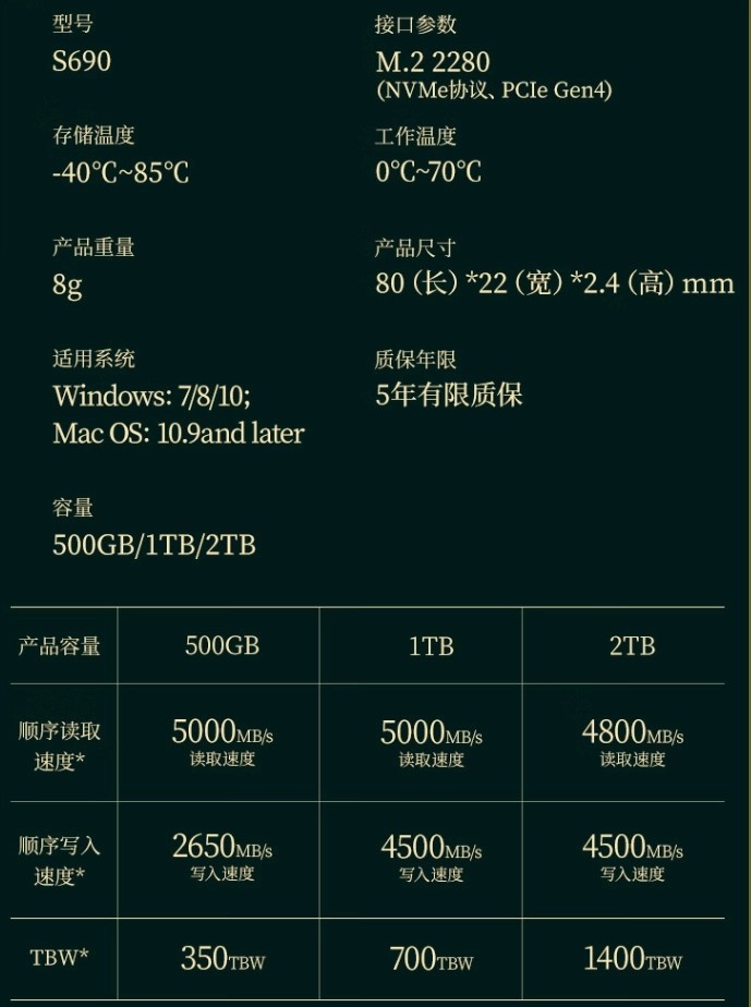 梵想S690 2T固态硬盘499元新低：4800MB/s