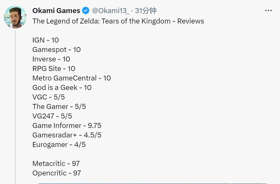 《塞尔达传说：王国之泪》评分解禁 IGN 10分