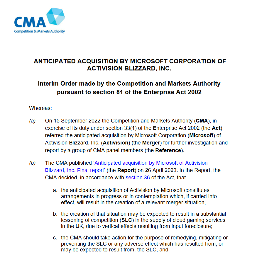 英国CMA对微软动视再增限制：互相获利前必须获得许可