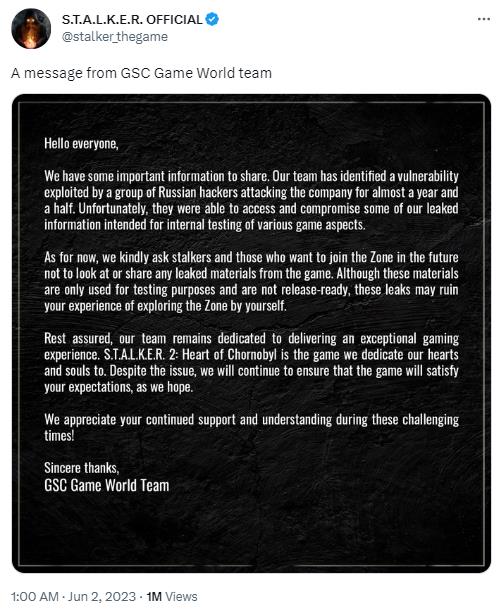 GSC工作室确认《潜行者2》文件已泄露 呼吁玩家别观看和散播相关内容