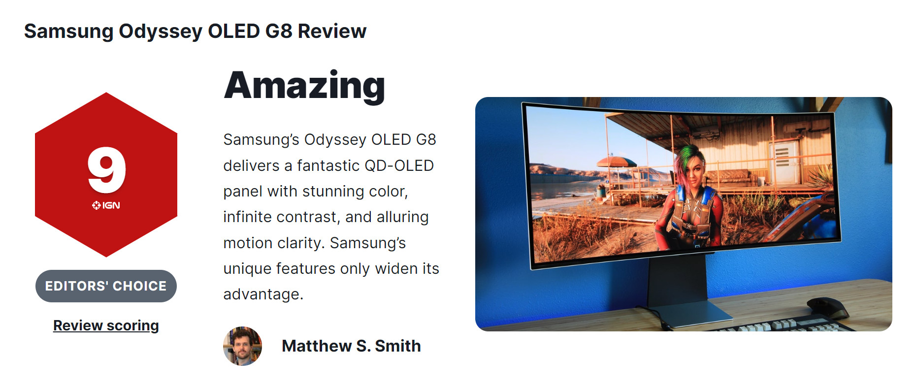 三星奥德赛OLED G8显示器获得IGN 9分评价