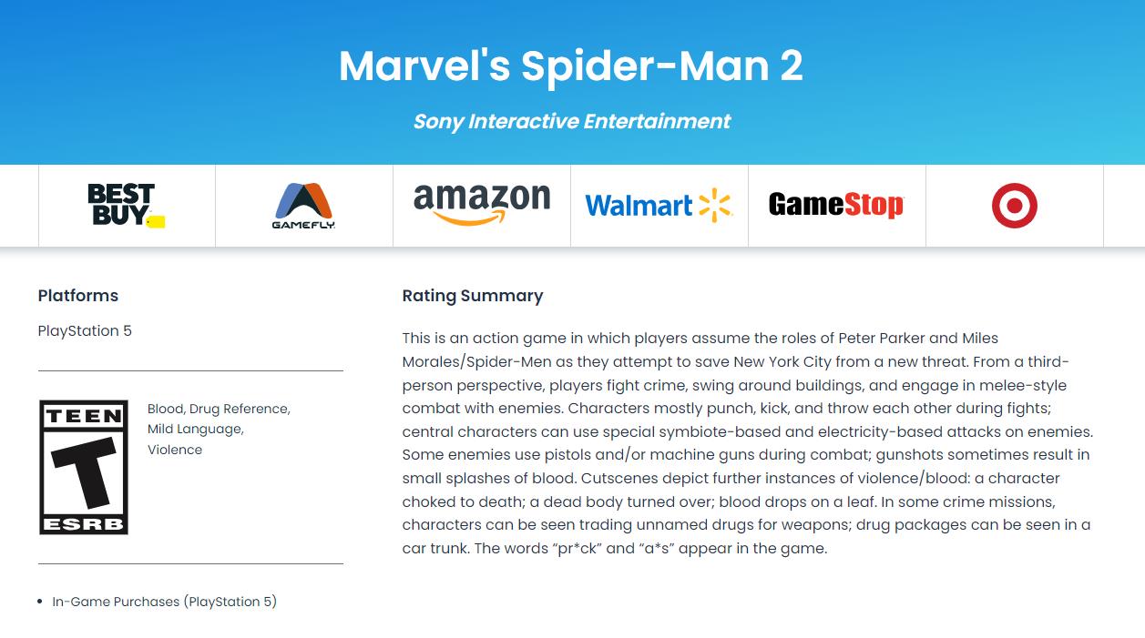 《漫威蜘蛛侠2》经由过程ESRB评级 包孕游戏内购