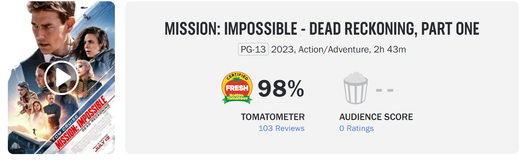 《碟中谍7》IGN 8分 烂番茄新鲜度98%