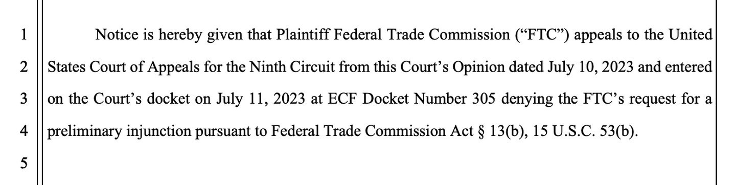FTC败诉后不满提出上诉 继续阻止微软收购动视暴雪
