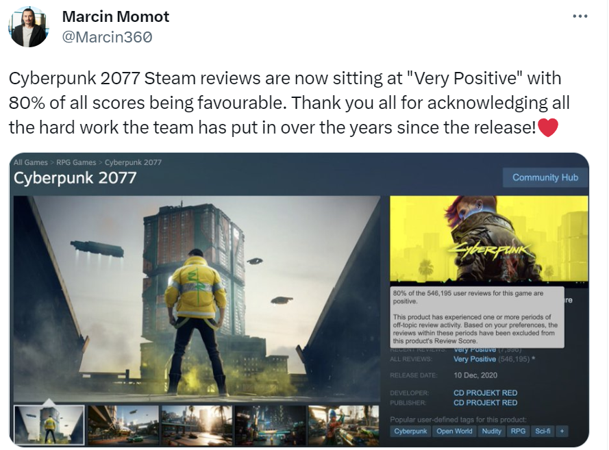 《赛博朋克2077》Steam升至特别好评 总监致谢