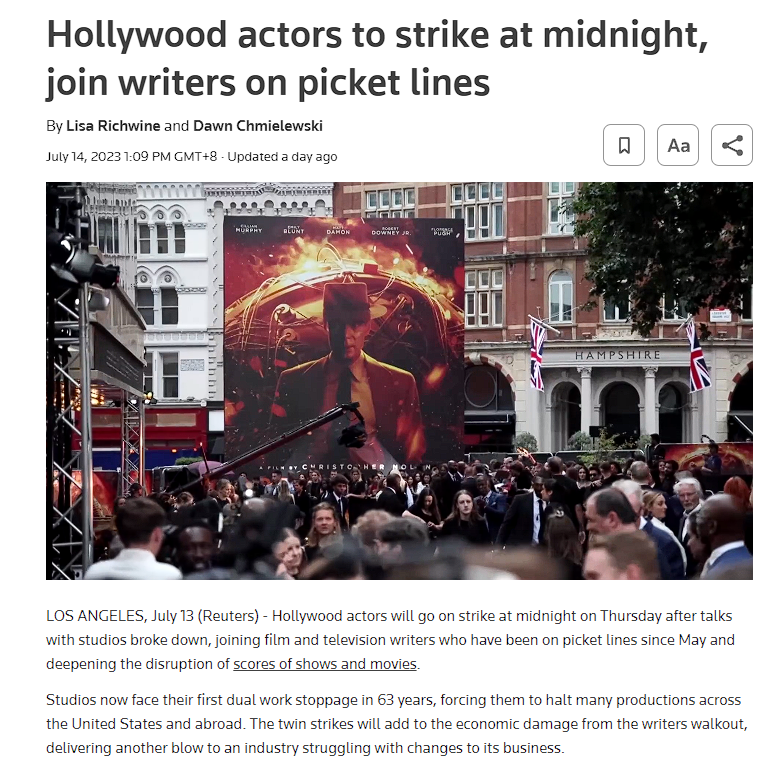 好莱坞面临全面停摆 好莱坞大罢工抵制“AI入侵”