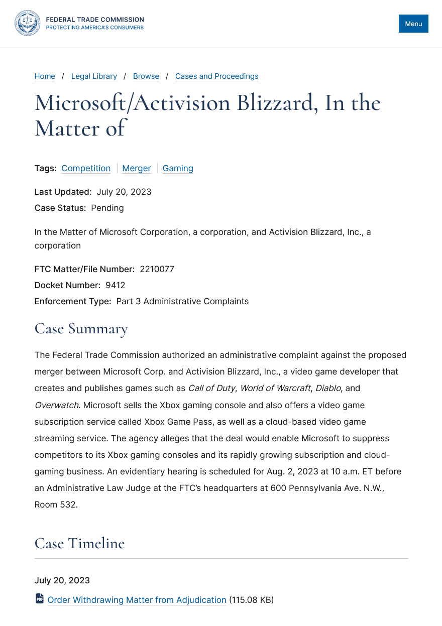 FTC撤销对微软动视暴雪收购交易内部行政挑战