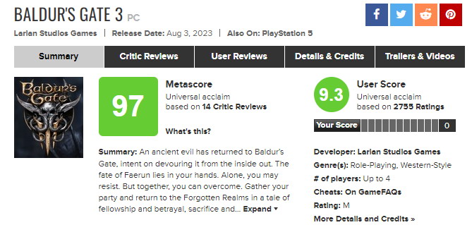 《博德之门3》M站97分超王国之泪 成今年评分最高游戏