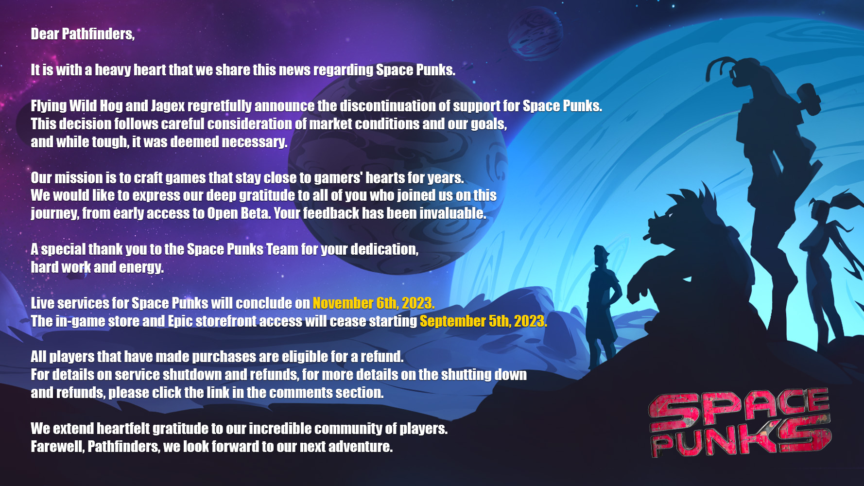 多人合作动作RPG《太空朋克》官方宣布11月6日停止服务