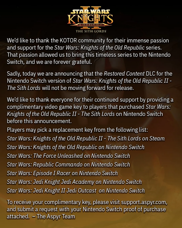 玩家就《旧共和国武士2》Switch DLC取消提起诉讼