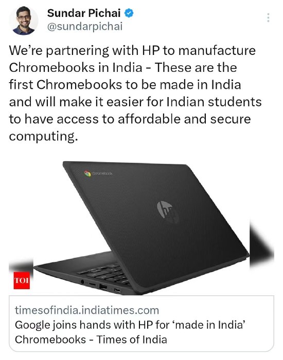 谷歌将尾次正在印度制制条记本电脑 与惠普开做