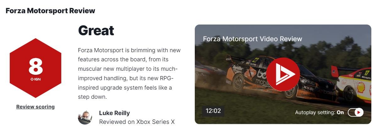 《极限竞速：Motorsport》媒体评分解禁 IGN评8分GS评9分