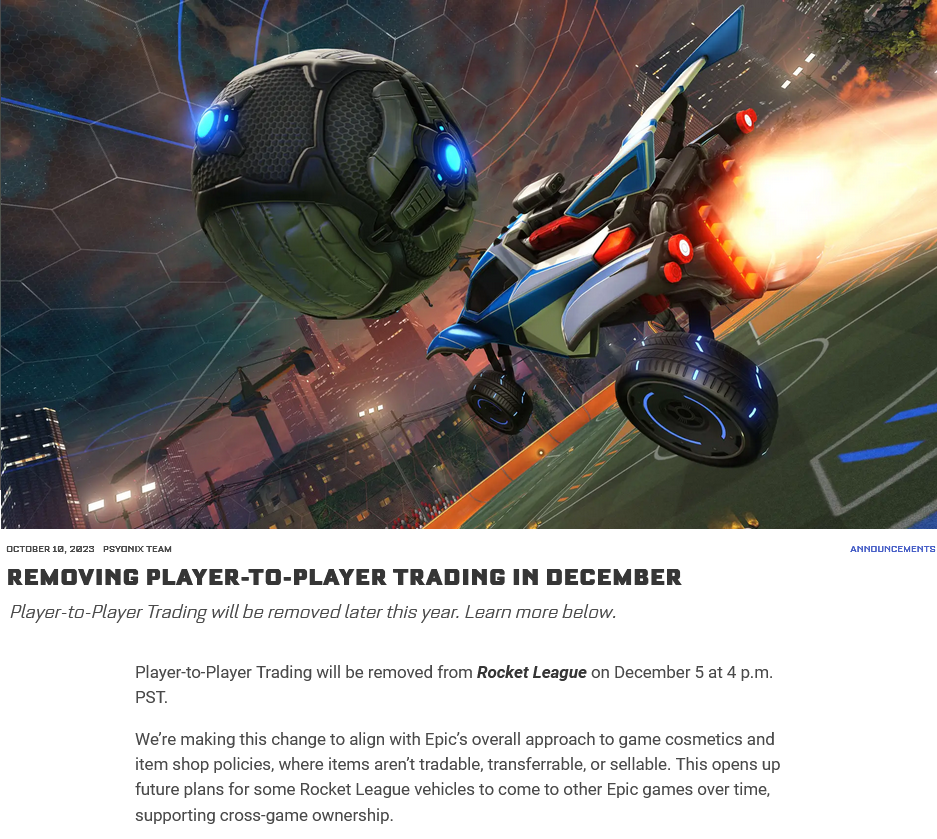 为契合Epic目标 《火箭联盟》将于12月移除玩家间商业功用