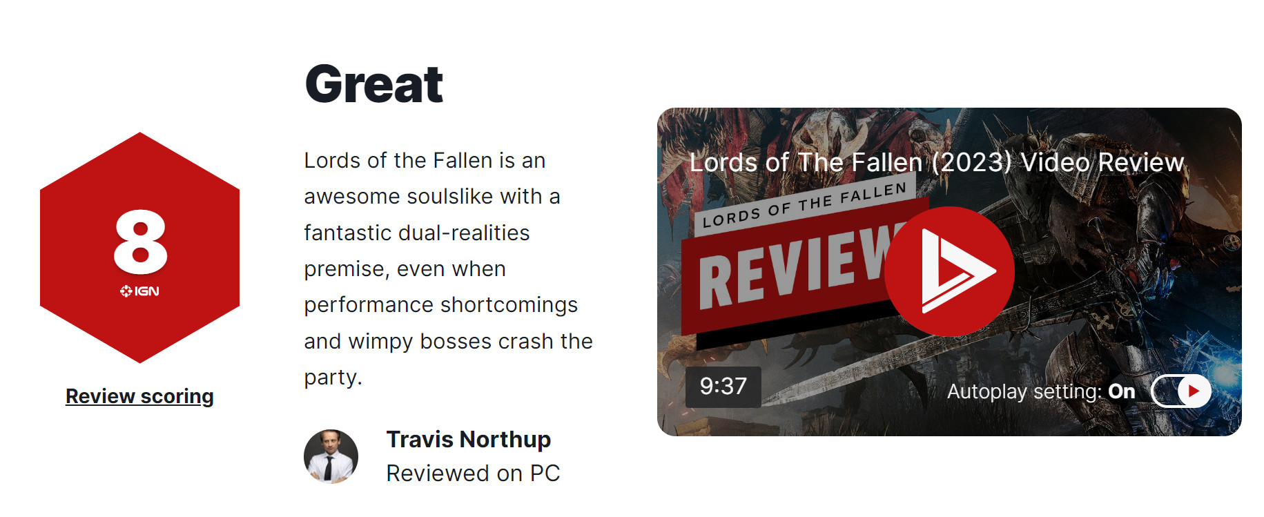 《堕落之主》IGN 8分：超棒的类魂游戏