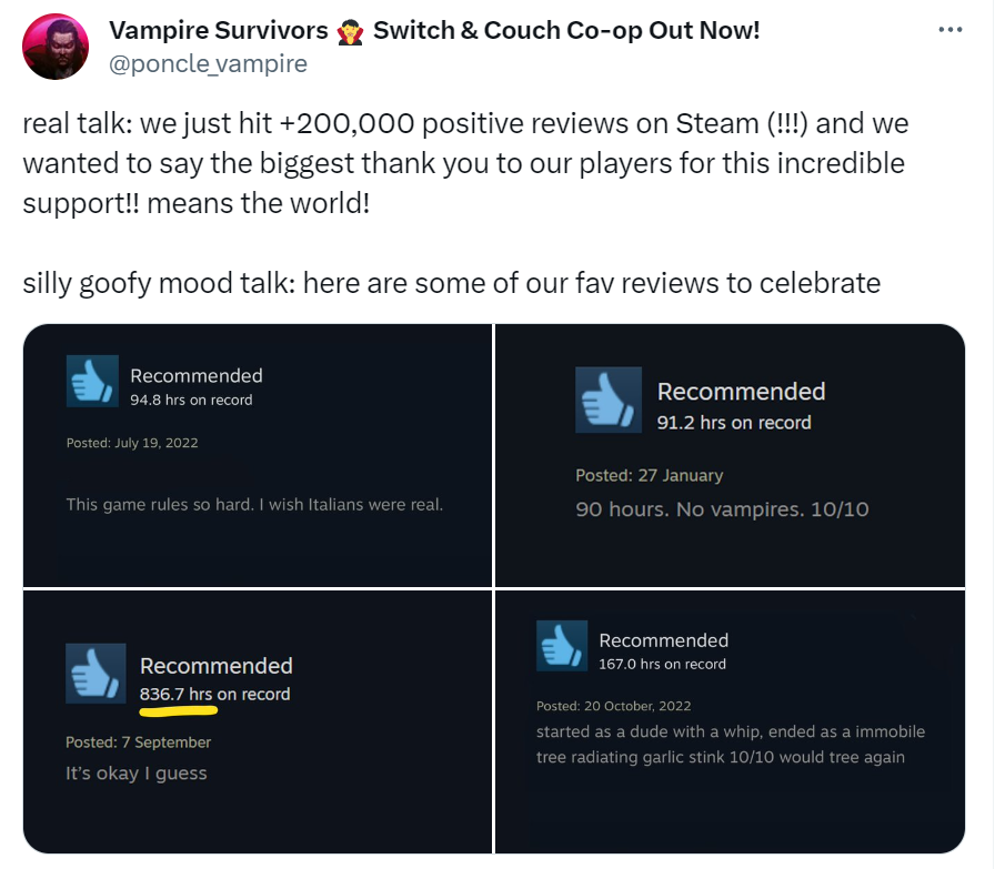 《吸血鬼幸存者》Steam好评人数破20万 平易近圆支文庆祝
