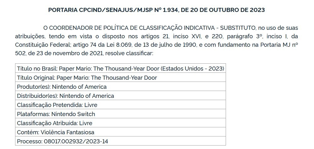 《纸片马里奥：千年之门》复刻版正在巴西经由过程评级 2024年支卖