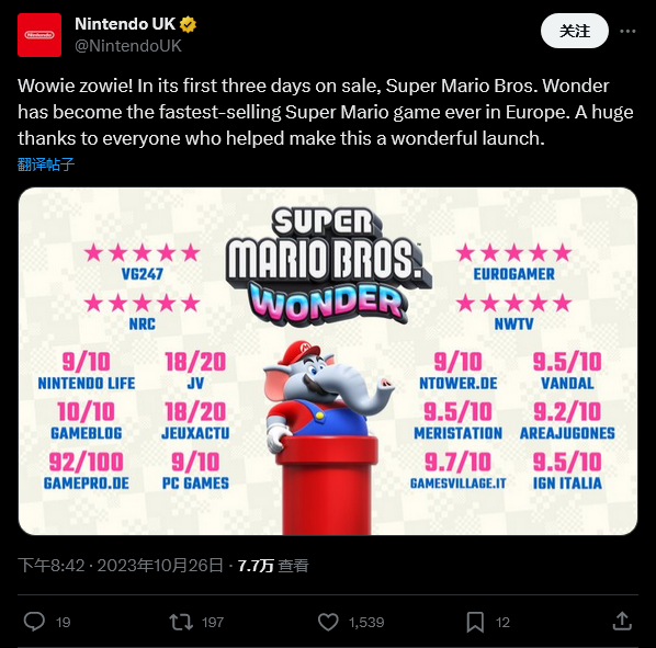 《超级马里奥兄弟：惊奇》成欧洲史上销售最快马里奥游戏