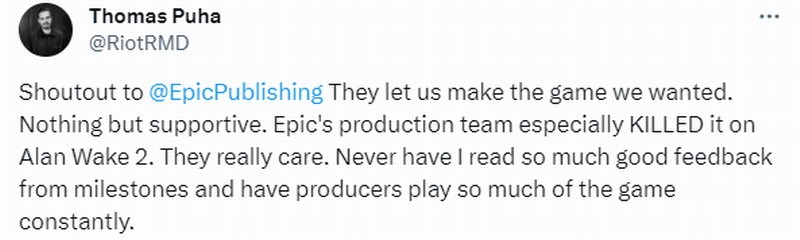 《心灵杀手2》高管感谢投资方Epic：不干扰创作很棒