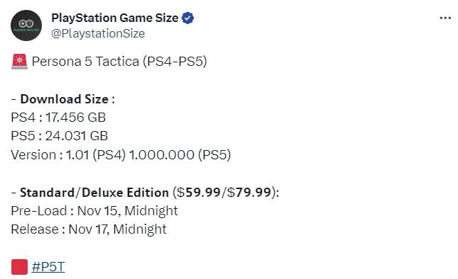 《女神同闻录5：战略版》PS5下载大年夜小24GB 提早两天预载