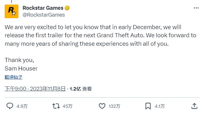 R星《GTA6》声明突破记录 成为最受悲迎的破记游戏推文