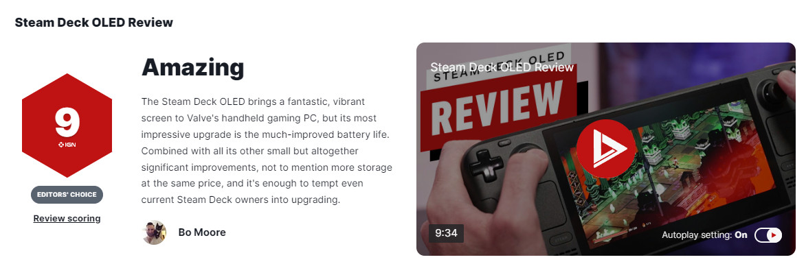 Steam Deck OLED IGN 9分 续航是大走最大走光