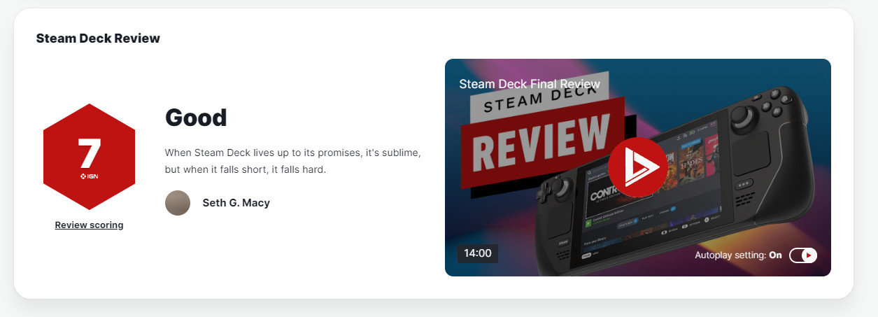 Steam Deck OLED IGN 9分 续航是航最最大走光