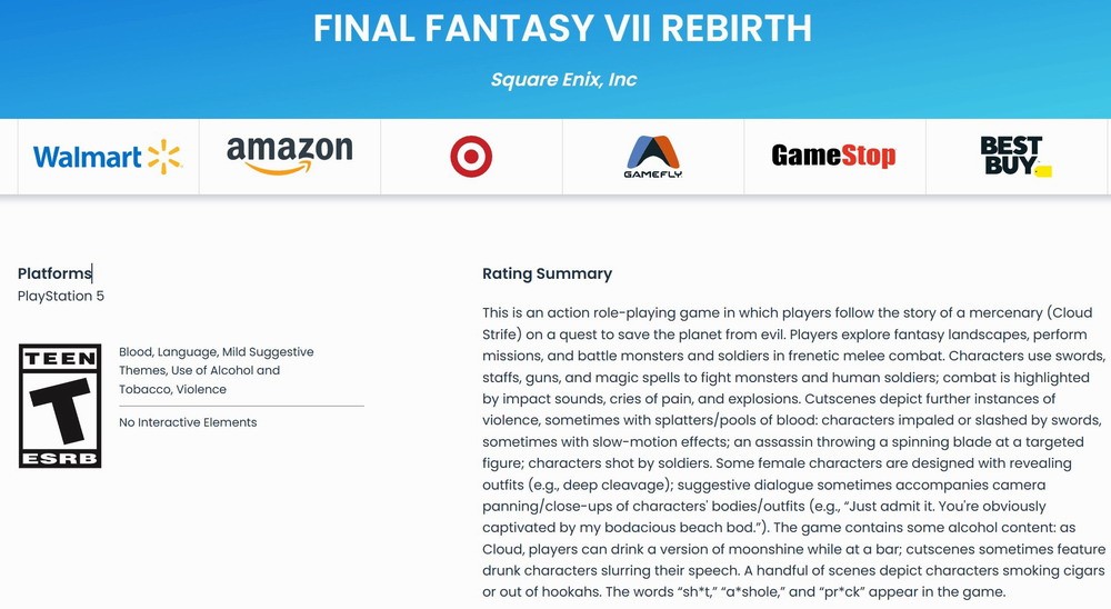 《最终幻想7：重生》被ESRB评为T级 有暴力和暴露服装等