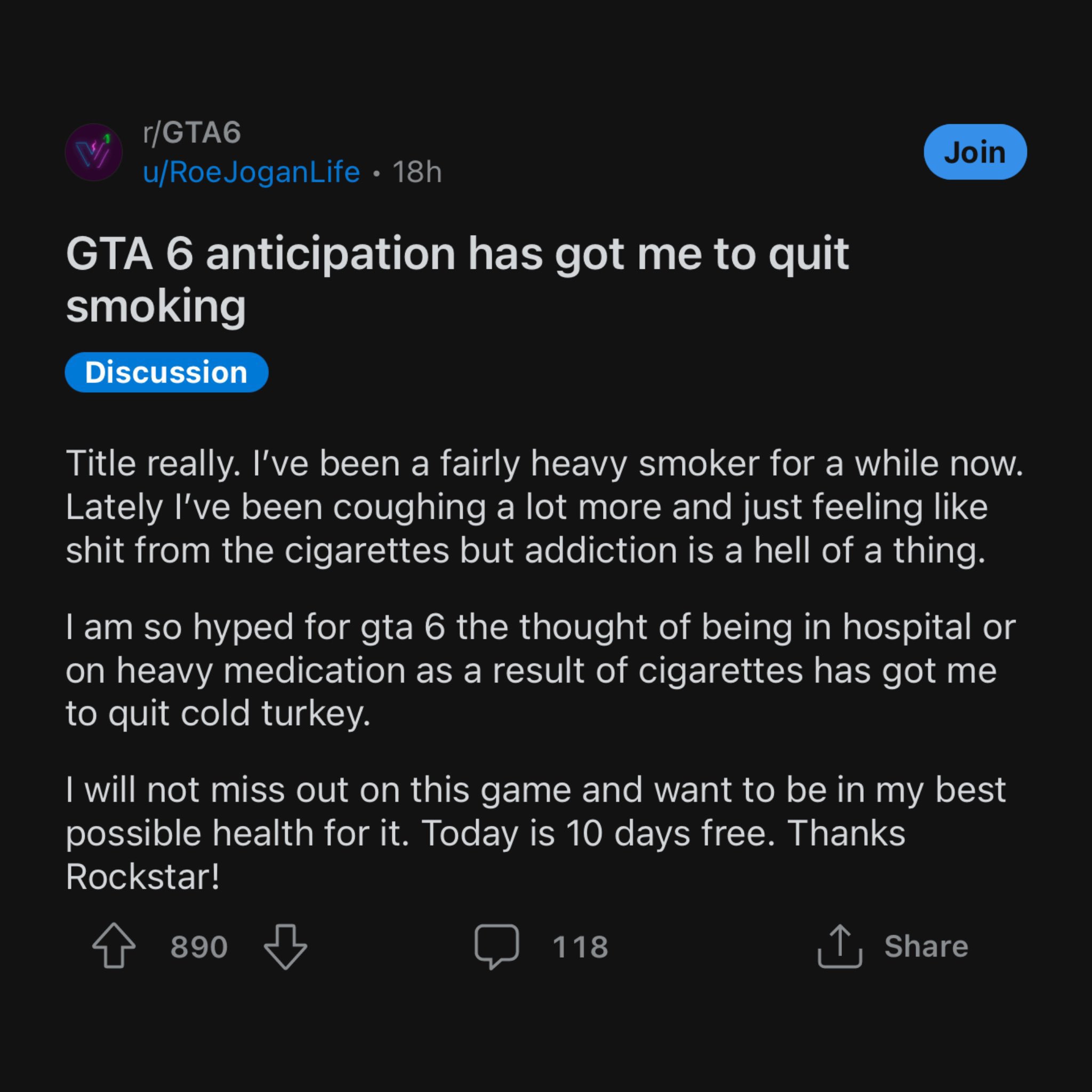 好样的！外洋玩家为了《GTA6》已经戒烟十天