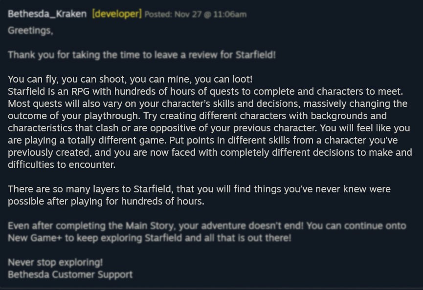 B社客服对《星空》Steam上的差评进行了回应