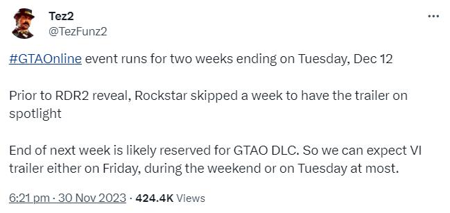 知名R星内部人士预测 《GTA6》预告最迟下周二发布