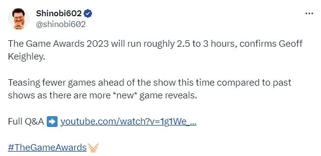 TGA 2023持续约2.5-3小时 将有大量新游戏揭晓