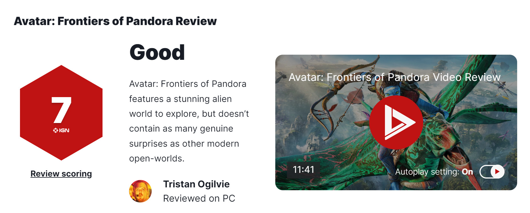 《阿凡达：潘多拉边境》媒体评分解禁 IGN 7分