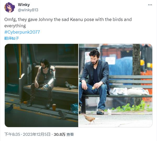 玩家在《赛博朋克2077》地铁中发现基努·里维斯坐长椅表情包彩蛋