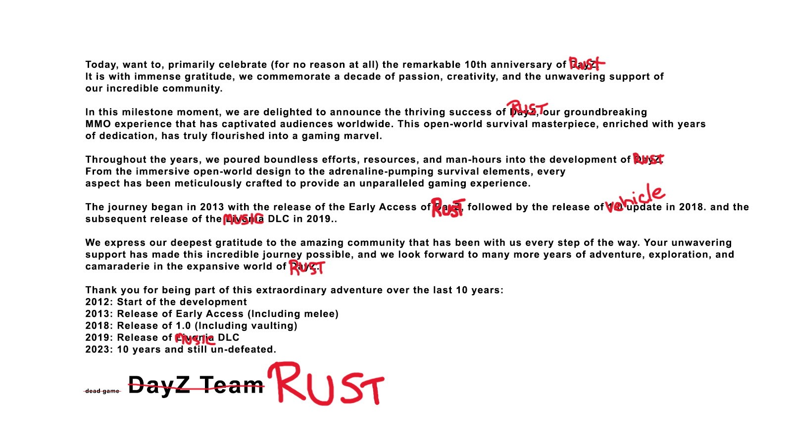《DayZ》《Rust》官方发文 嘲讽《浩劫前夕》开发商跑路