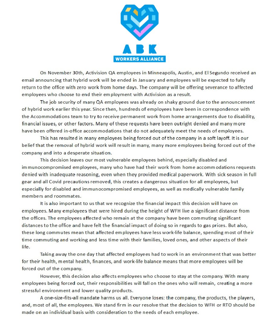 ABK工人联盟反对动视暴雪一刀切地恢复返回公司办公计划