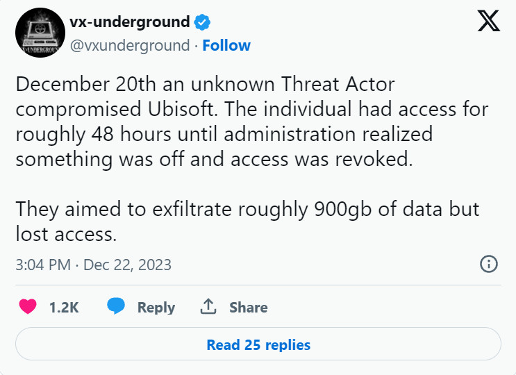 育碧也被黑客攻击 差点丢失将近1TB数据