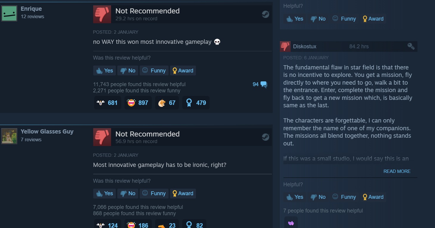 《星空》在赢下Steam立异玩法大奖后遭差评轰炸