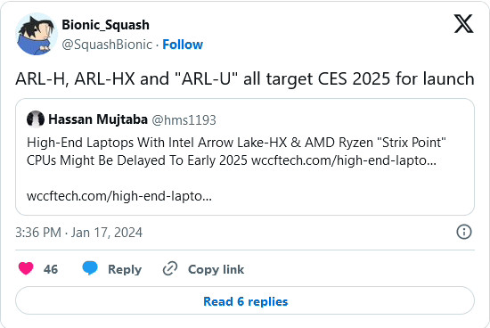 传闻：英特尔计划CES 2025推移动版Arrow Lake处理器