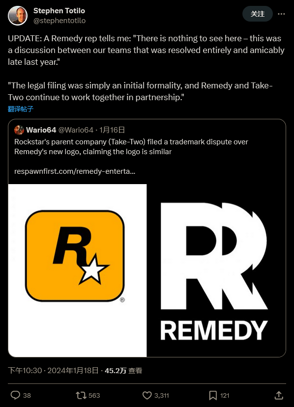 Remedy：与R星牌号争端去年就已经友好处置
